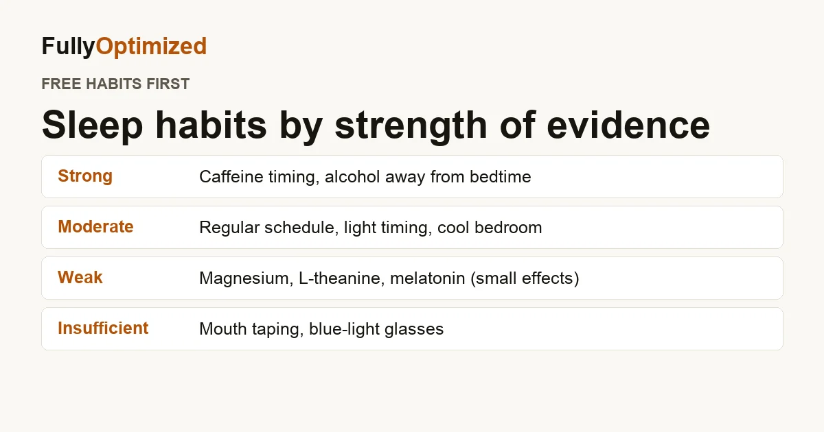 Sleep and recovery habits ranked by strength of evidence: caffeine timing and alcohol strong, regular schedule and light moderate, supplements weak, mouth taping and blue-light glasses insufficient